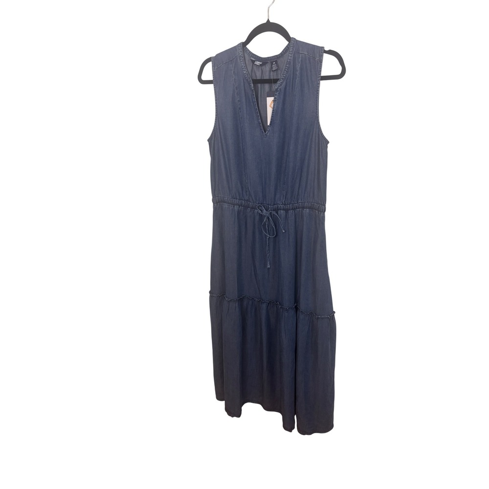 Lands End Lyocell Tiered Midi Dress M Blue Chambray V-Neck Coastal Casual Denim